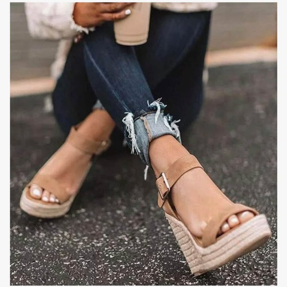 VICKI·VICKI Women's Platform Sandals Wedge Ankle Strap Open Toe Sandals (Khaki)